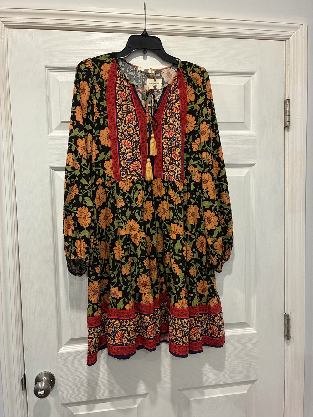 easel Black Floral Long-Sleeve Peasant Dress with Mustard Accents